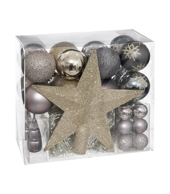 Déco de sapin kit 44 pièces, boule, guirlande et cimier - champagne violet gris