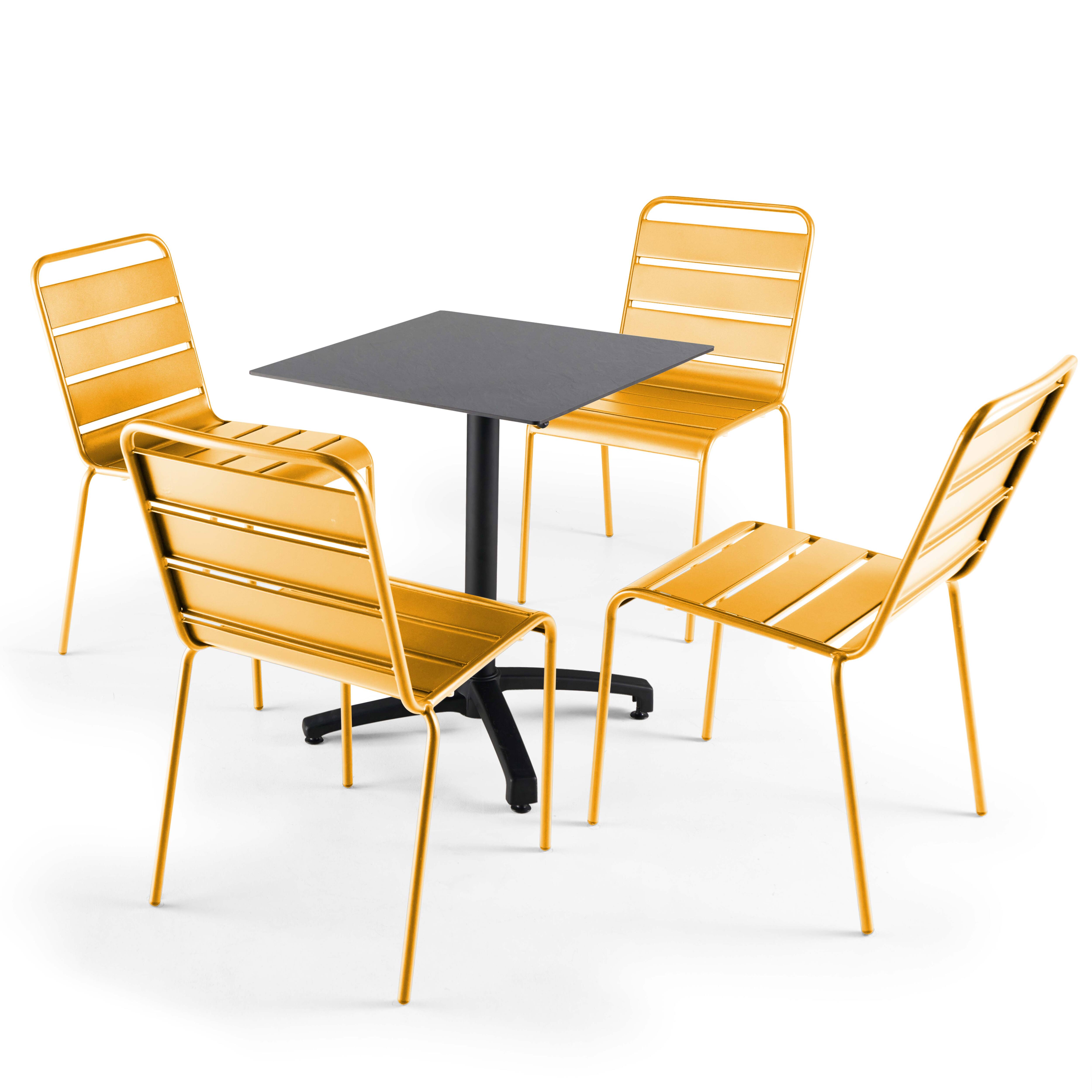 Ensemble table de jardin stratifié ardoise foncé et 4 chaises jaune