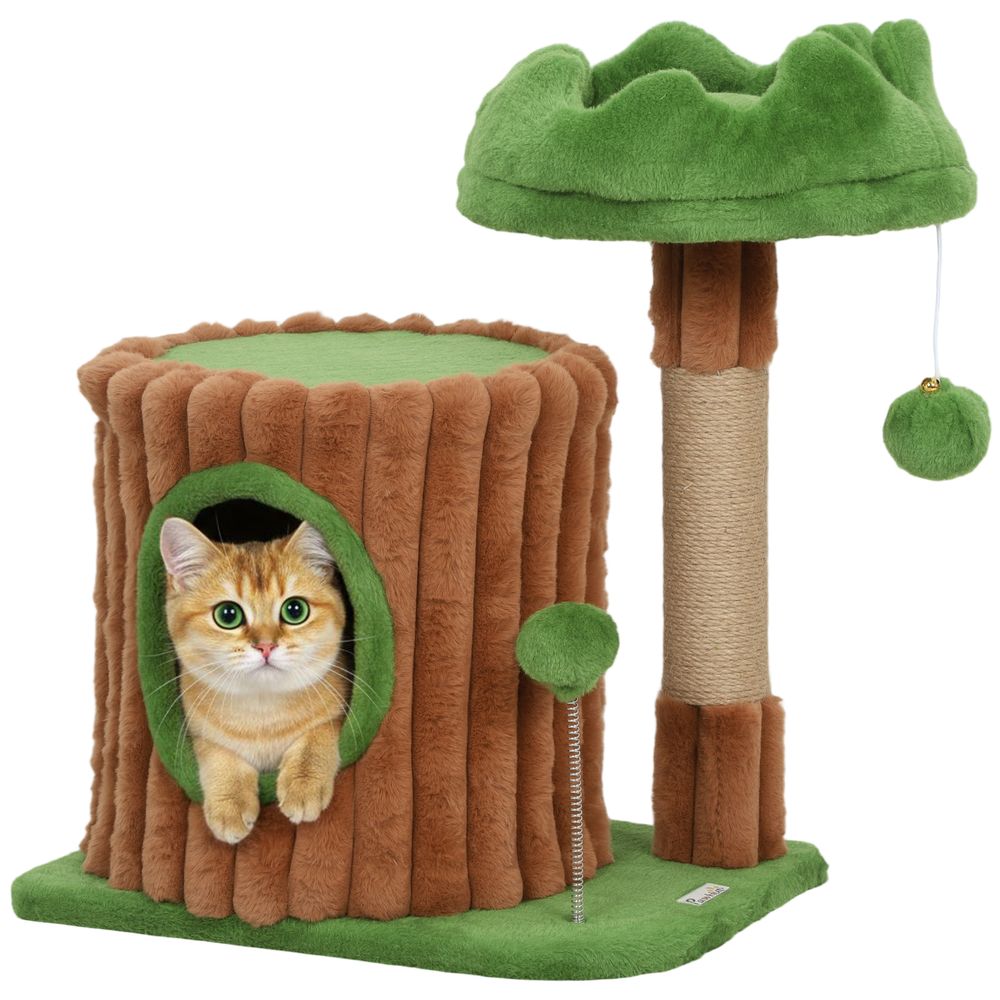 Petit arbre à chat design tronc d'arbre avec niche lit et griffoir jute 53 cm marron vert