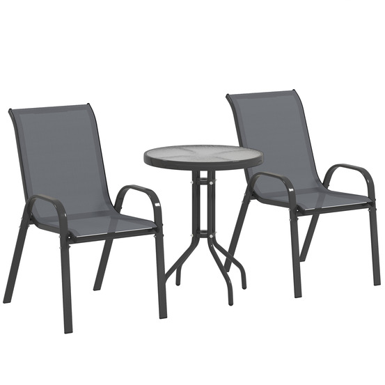 Ensemble bistro 3 pièces : résistant, table verre + chaises empilables, gris foncé