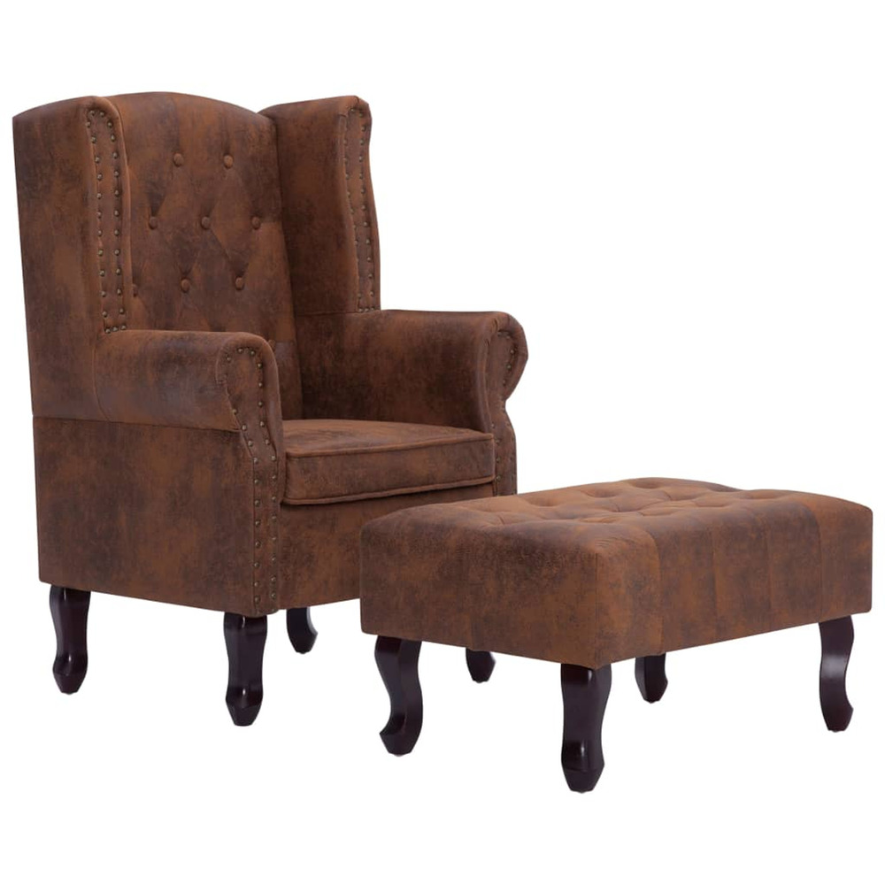 Fauteuil chesterfield et repose-pieds marron similicuir daim