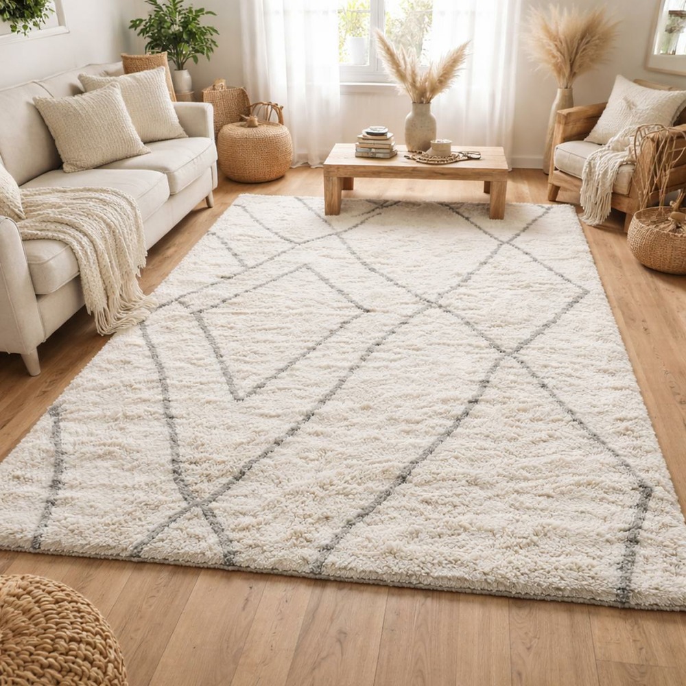 Tapis longs poils shaggy 60x110 rectangle tissé crème motif berbère lyn4 doux 6