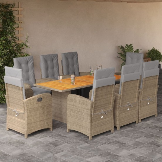Ensemble à manger de jardin et coussins 9 pcs beige poly rotin