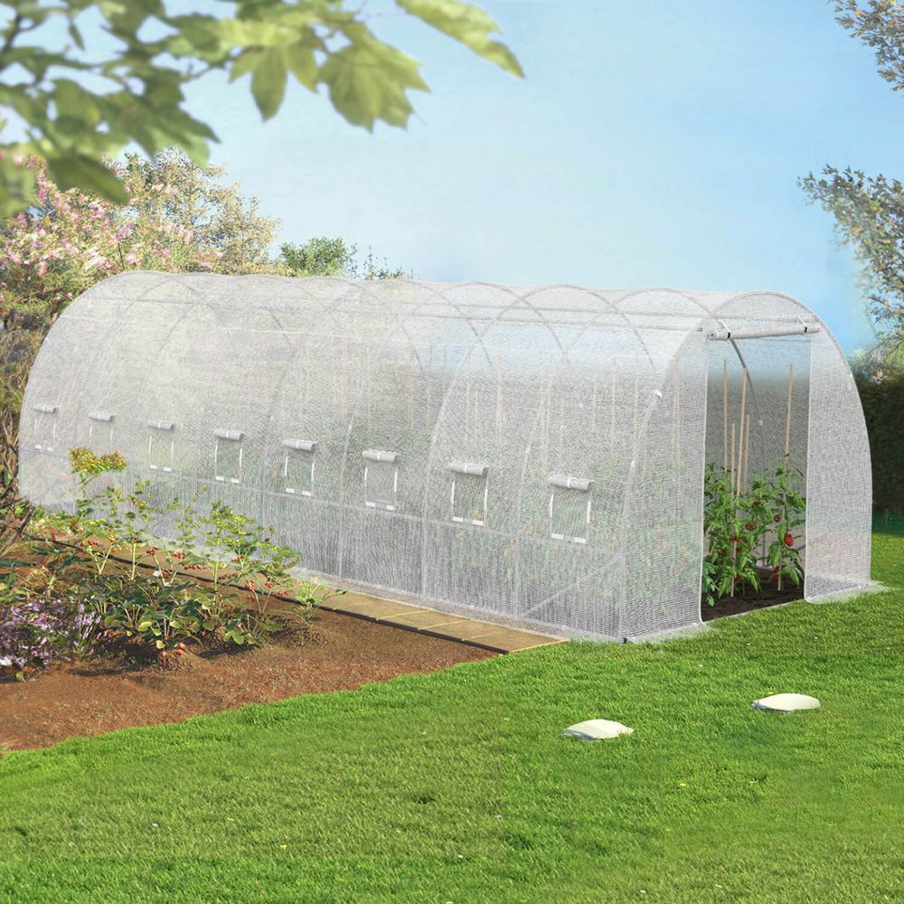 Serre de jardin tunnel 24m² 8 x 3 x 2 m acier galvanisé + bâche anti-uv avec porte et fenêtres des andes blanche