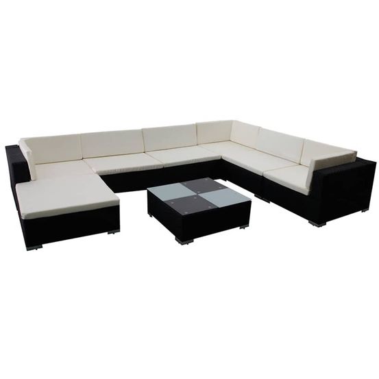 Salon de jardin 8 pcs avec coussins résine tressée noir