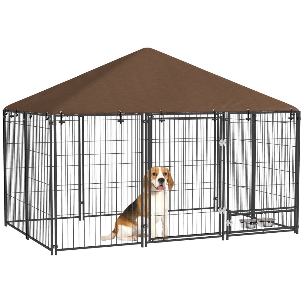 Grand chenil extérieur en acier pour chiens avec toit imperméable 211x141cm marron
