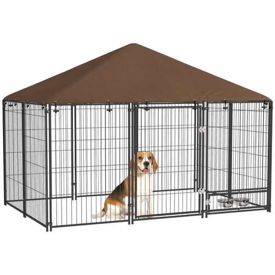 Grand chenil extérieur en acier pour chiens avec toit imperméable 211x141cm marron