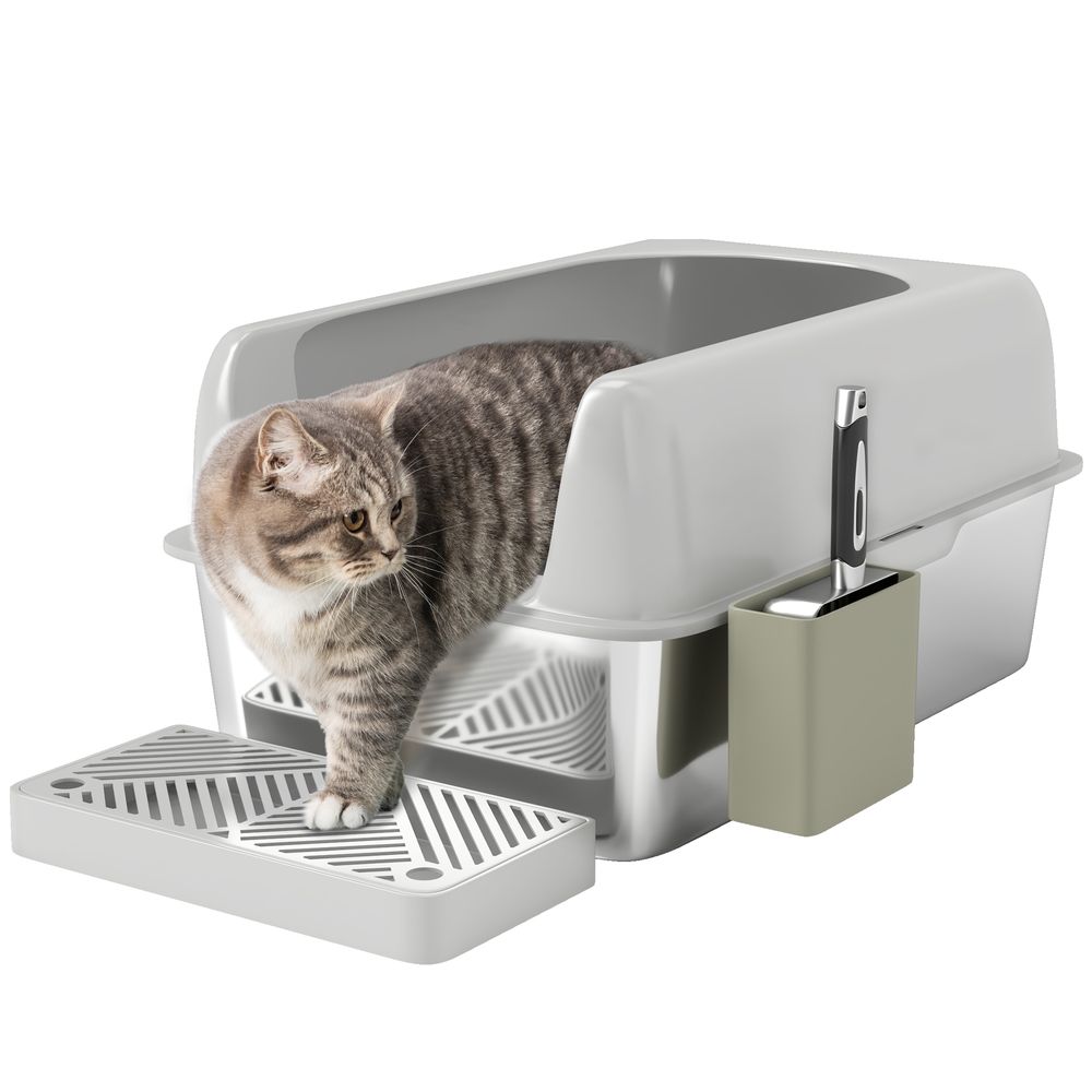 Bac à litière chat acier inoxydable pour félins maison ouverte bords hauts gris clair