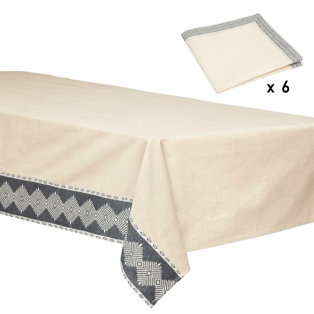Ensemble nappe et 6 serviettes inuit coton blanc ivoire 250x150cm