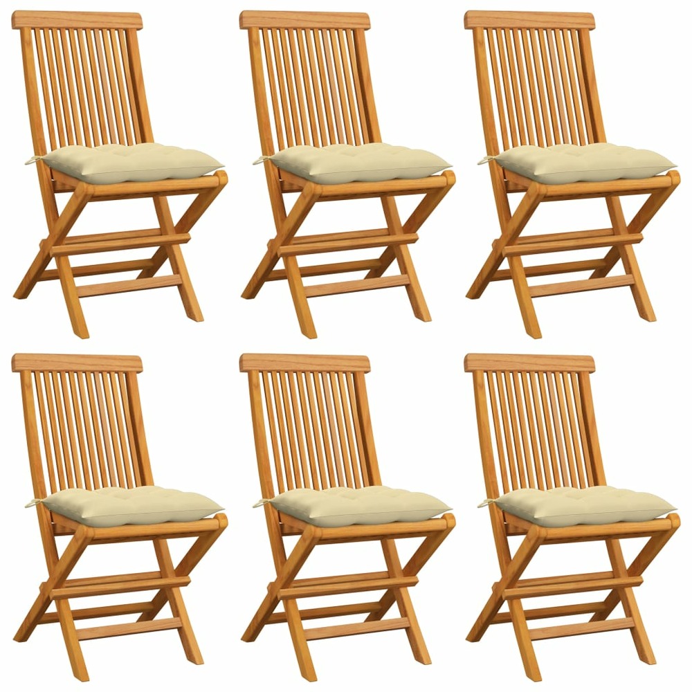 Chaises de jardin avec coussins blanc crème 6 pcs teck massif