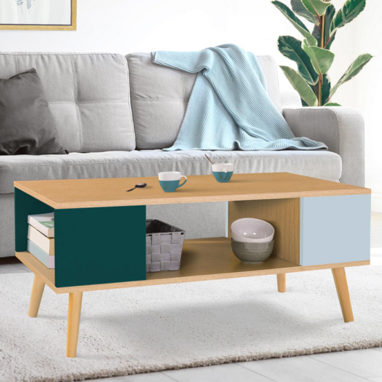 Table basse scandinave rectangulaire alize bois, vert clair et vert foncé