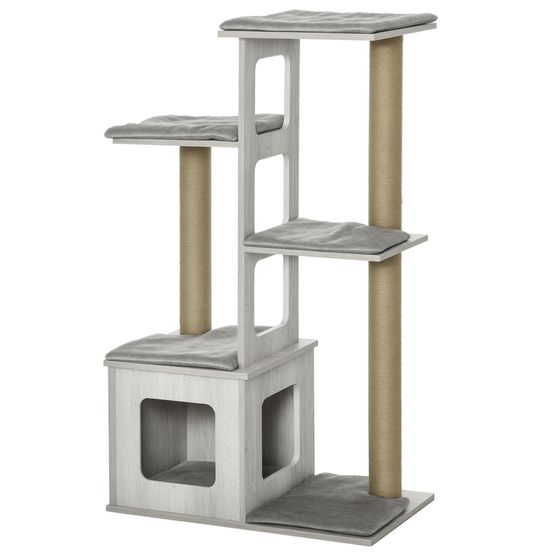 Arbre à chat multiniveaux peluche jute chaton griffoir niche 67x38.5x114cm gris