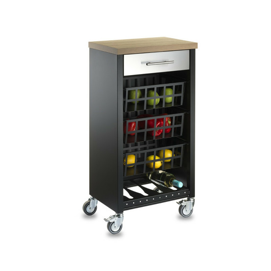 Chariot de cuisine kara noir avec tiroir, 3 paniers et plateau effet bois