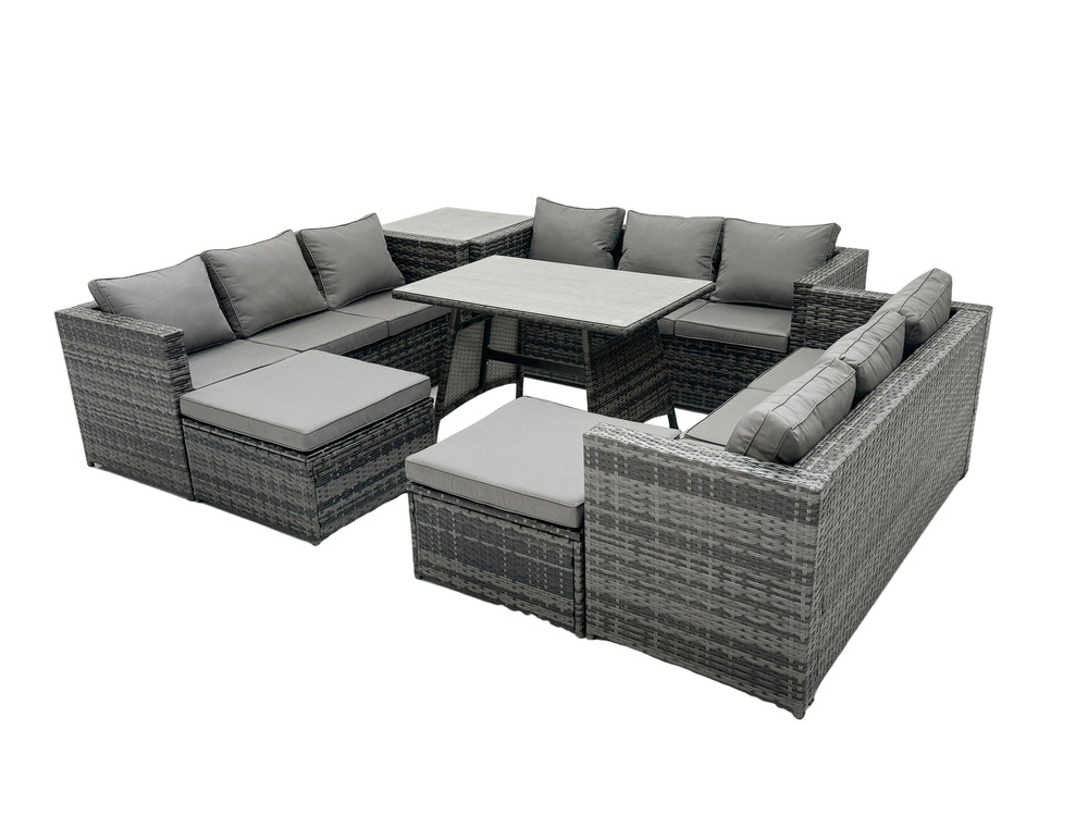 11 places ensemble de canapé en rotin extérieur avec table à manger table d'appoint 2 grand tabourets gris foncé mixte