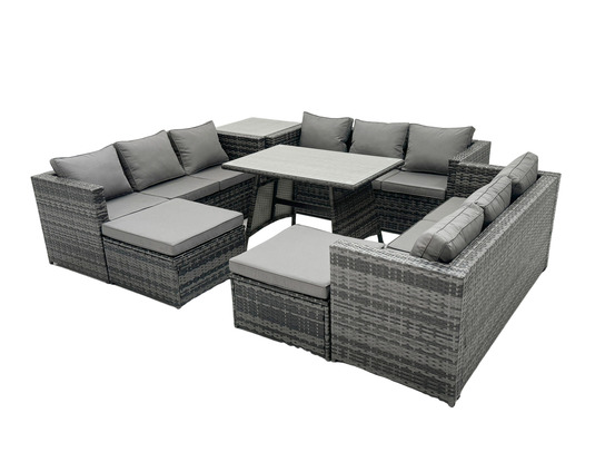 11 places ensemble de canapé en rotin extérieur avec table à manger table d'appoint 2 grand tabourets gris foncé mixte