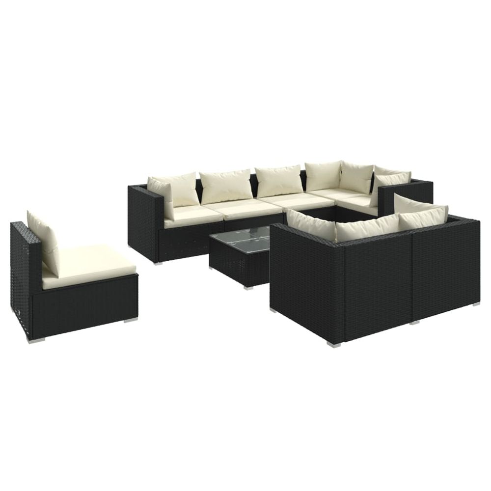 Salon de jardin 9 pcs avec coussins résine tressée noir