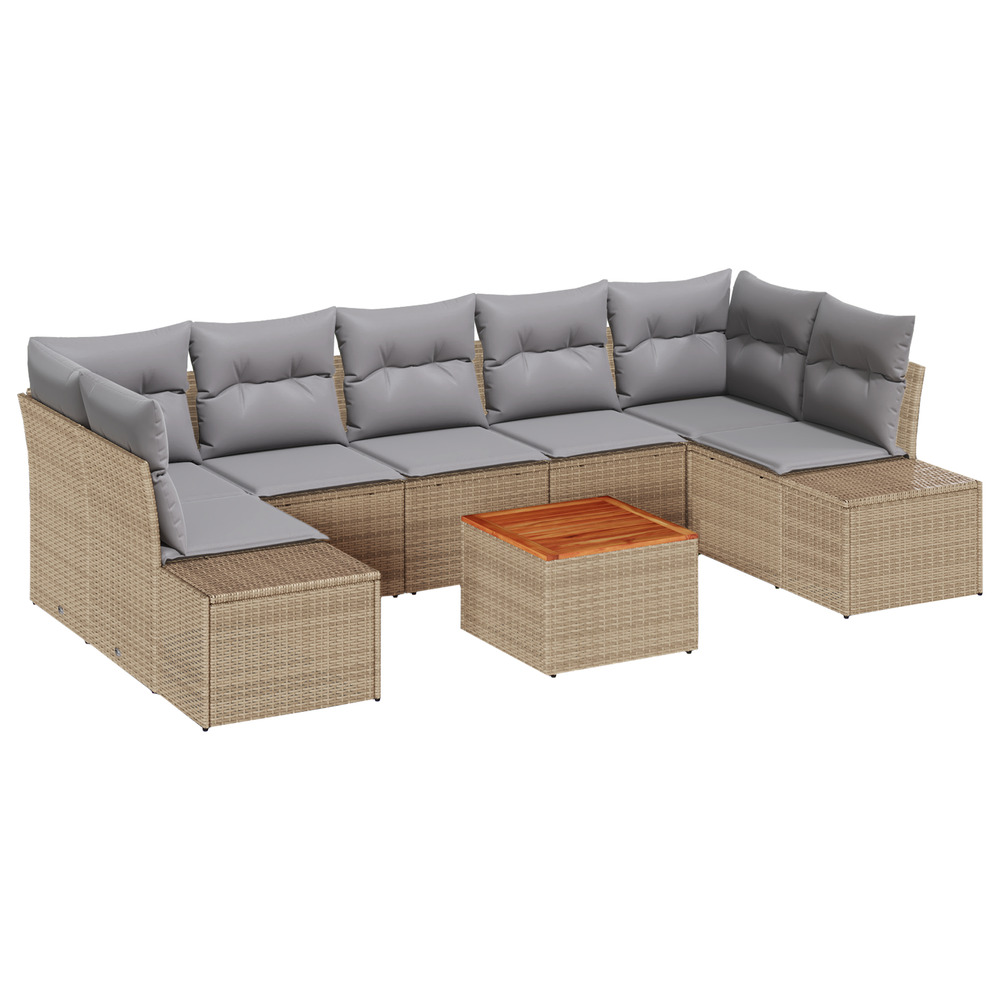 Ensemble de canapé de jardin 8 pièces avec coussins beige poly rattan acacia
