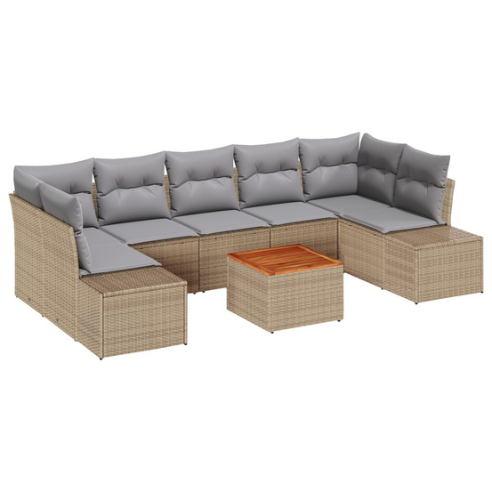 Ensemble de canapé de jardin 8 pièces avec coussins beige poly rattan acacia