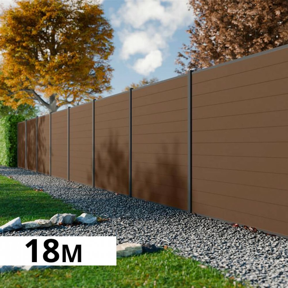 Kit clôture bois composite bronze 18x1,8m rio - poteaux en aluminium gris - brise vue - palissade