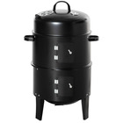 Barbecue fumoir grill braséro 3 en 1 - 2 grilles de cuisson, 2 portes - thermomètre, aérateur - ø 40 x 80h cm - acier inox. Noir