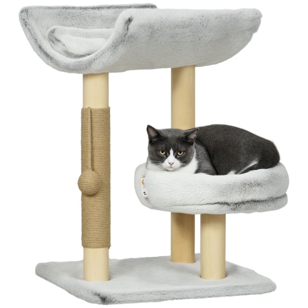 Arbre à chat compact en peluche avec niches griffoir en jute 60 cm gris