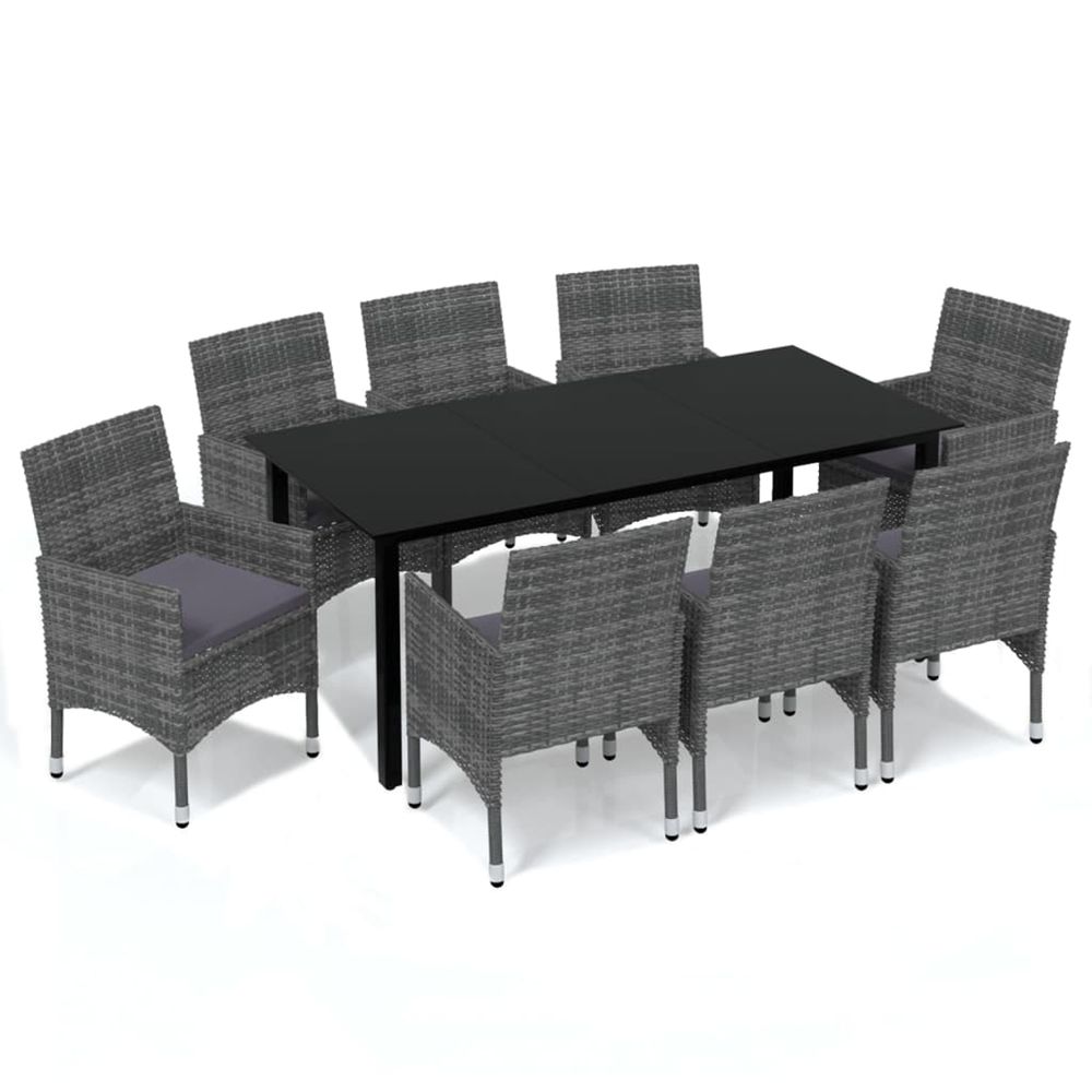 Ensemble à manger de jardin et coussins 9 pcs poly rotin gris