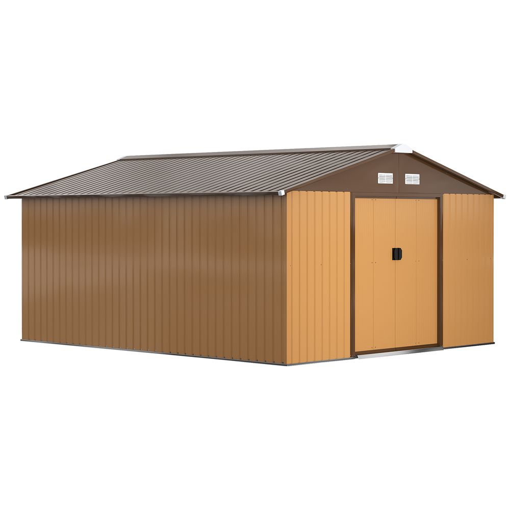 Grand abri de jardin en acier outillage portes coulissantes toit incliné 340x386 cm jaune - comfortxl outdoor living