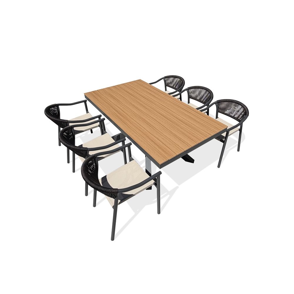 Lot composé d'une table de jardin lamu (180x100 cm) en aluminium et plateau polywood aspect bois