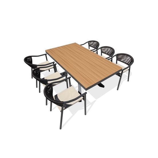 Lot composé d'une table de jardin lamu (180x100 cm) en aluminium et plateau polywood aspect bois