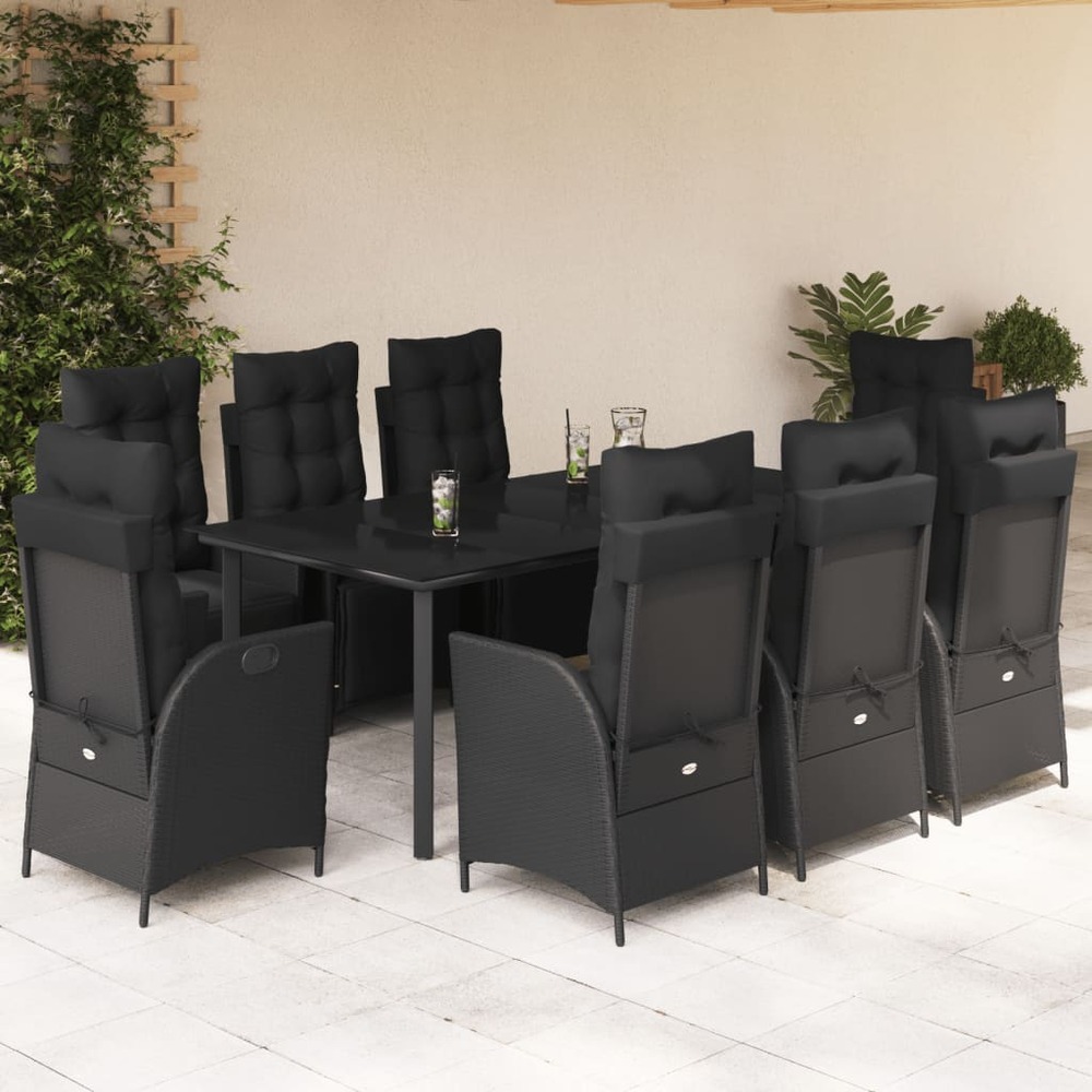 Ensemble à manger de jardin 9pcs coussins noir résine tressée