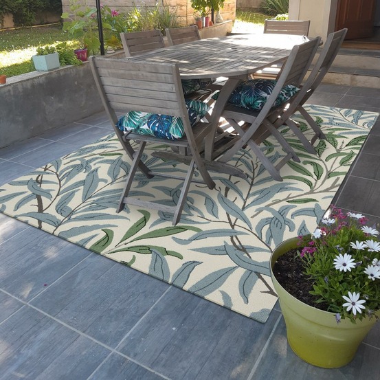 Tapis extérieur 250x350 tissé kilim beige et bleu willow