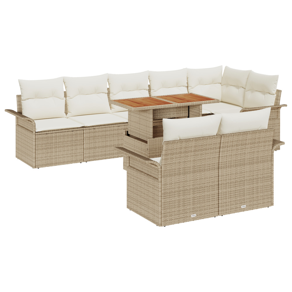 Ensemble de salle à manger de jardin 9 pièces avec coussins beige poly rattan acacia