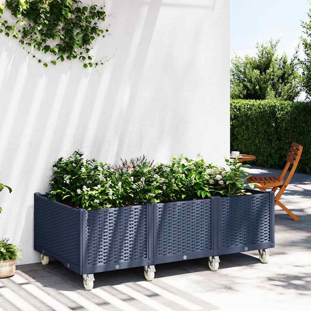 Jardinière mobile à roulettes avec treillis pp aspect rotin bleu gris 150cm