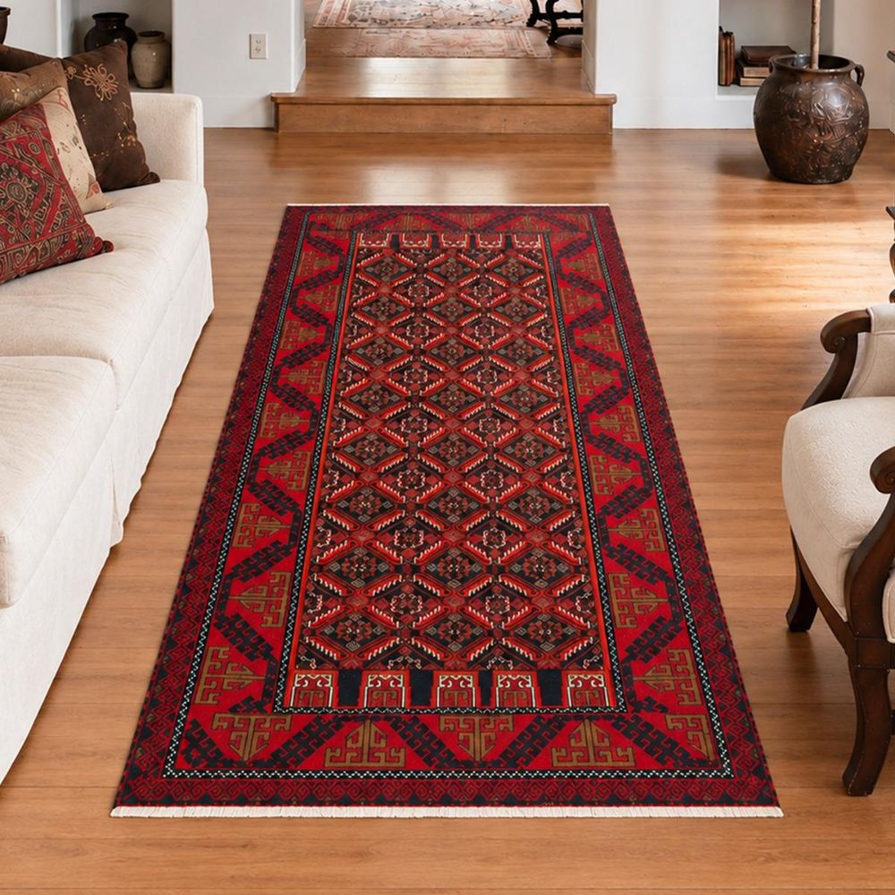 Tapis d'orient, 100 x 182 cm, rouge, beige et noir, en laine, balutsch 9