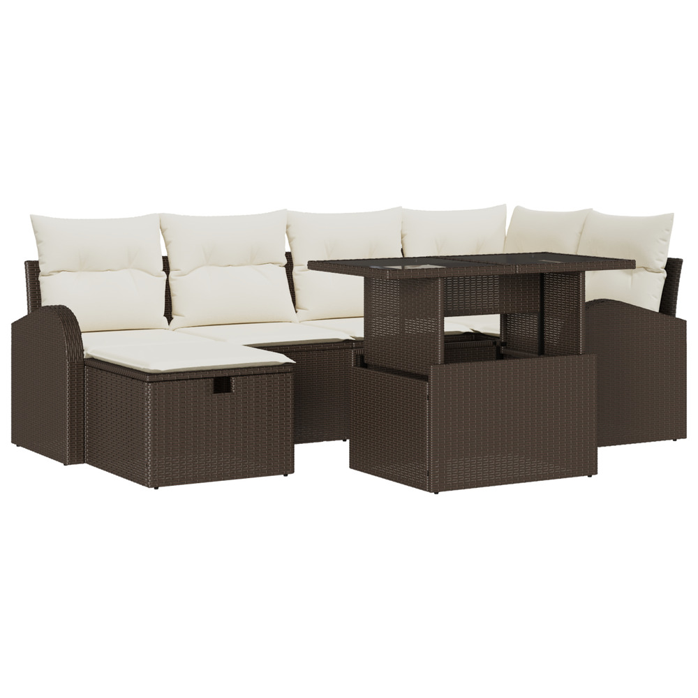 Ensemble de canapé de jardin de 7 pièces avec coussins en poly rattan marron