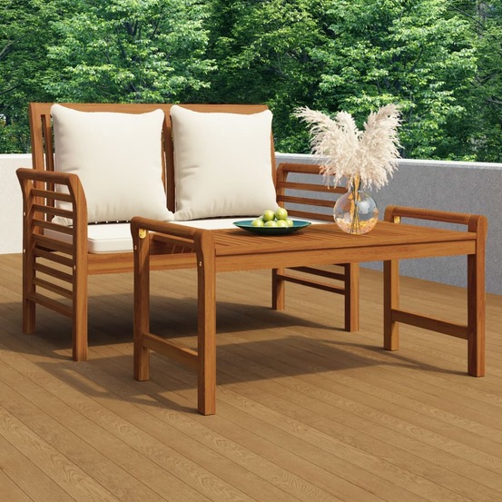 Salon de jardin avec coussins blanc crème 2 pcs bois massif