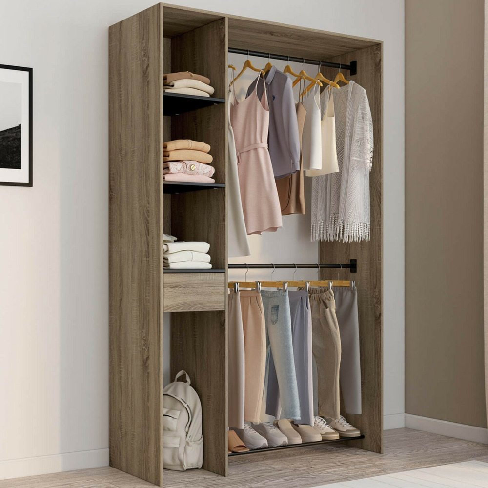 Dressing double penderie l. 110 cm mirty avec étagères + tiroir + rangements à chaussures hêtre et noir
