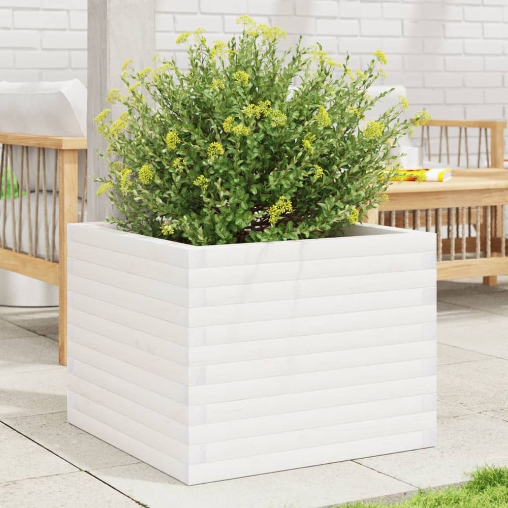 Grand bac à fleurs carré en bois de pin pour extérieur blanc 60x60cm