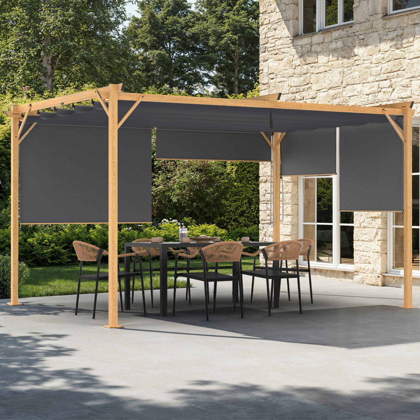 Pergola édition exclusive effet bois toit rétractable 3x4 m et 4 stores gris anthracite