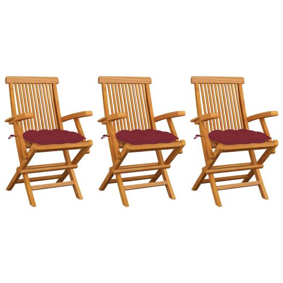 Chaises pliantes avec coussins rouge vin, 3 pièces, en teck massif