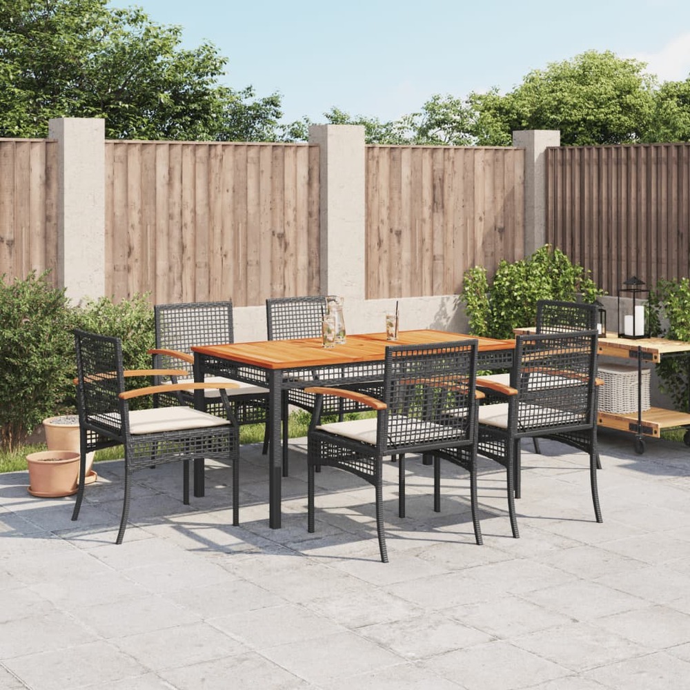 Ensemble à manger de jardin coussins 7pcs noir résine tressée