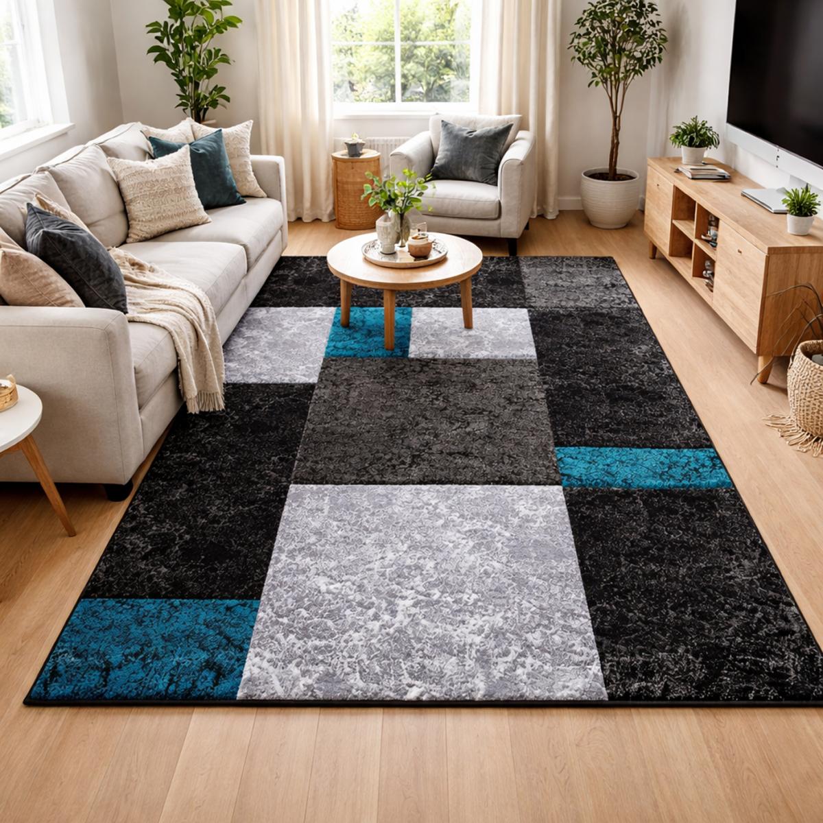Tapis de couloir 80x300 tissé motif géométrique cararelle turquoise et gris