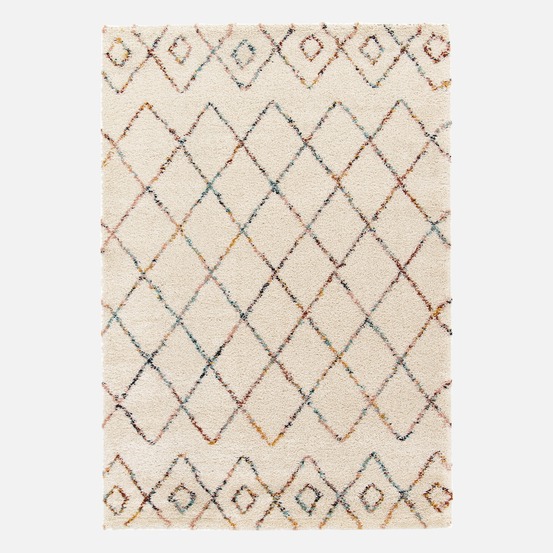 Tapis intérieur shaggy, poils longs, style berbère, crème et multicolore