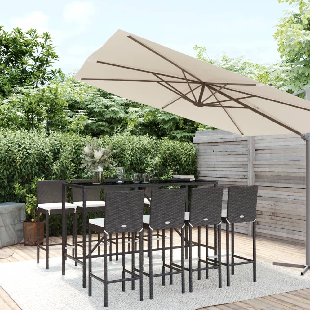 Ensemble de bar de jardin 9 pcs avec coussins noir poly rotin