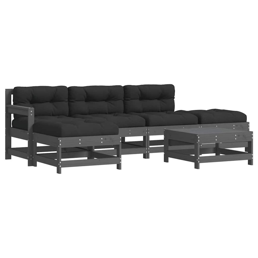Salon de jardin 6 pcs avec coussins gris bois massif