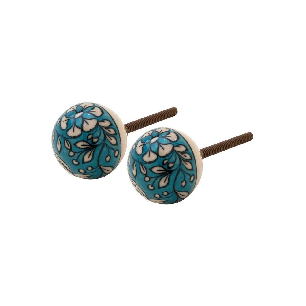 Boutons ronds en céramique fleurs bleues et blanches (lot de 2)