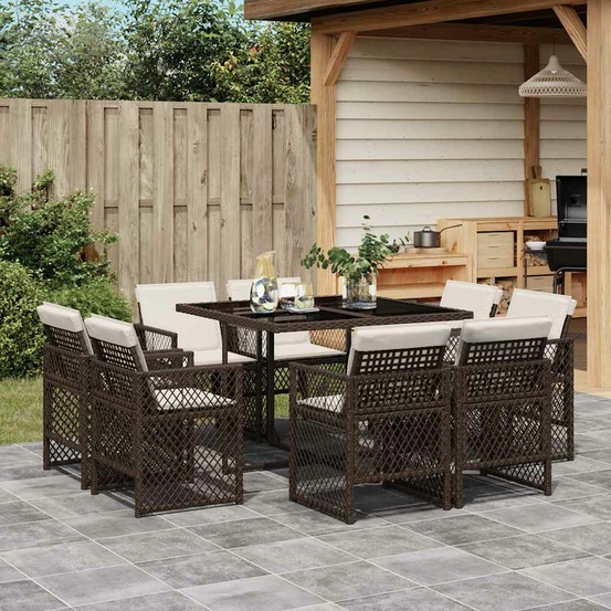 Ensemble à manger de jardin et coussins 9 pcs marron poly rotin