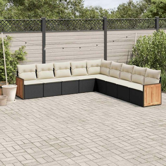 Salon de jardin 9 pcs avec coussins noir résine tressée