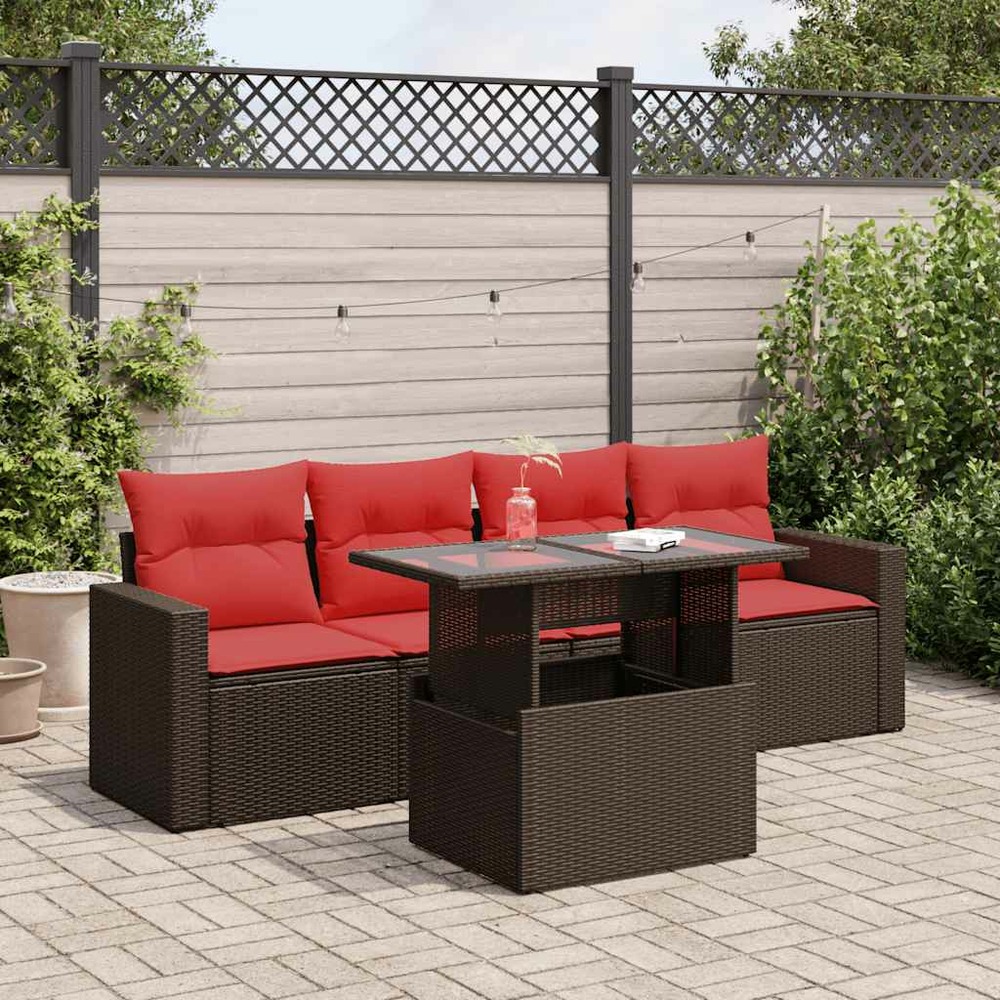 Salon de jardin avec coussins 5pcs marron résine tressée acacia