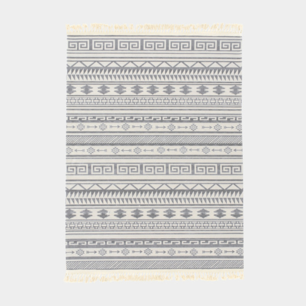 Tapis en coton blanc à franges - aztèque - motifs noir - 140 x 200 cm